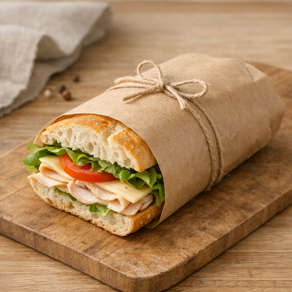 Wrapped sandwich on wooden surface
